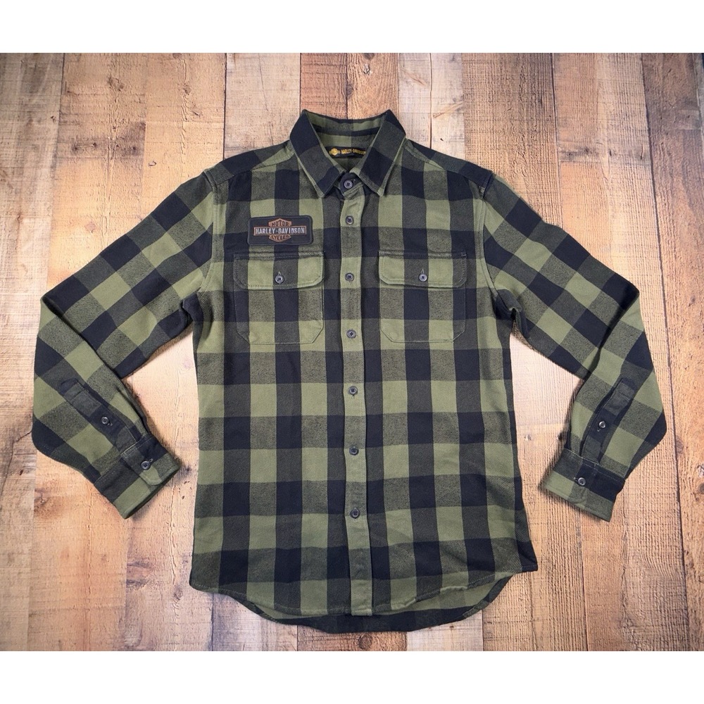 Harley-Davidson Men's Green Black Buffalo Plaid Flannel Shirt Motorcycle